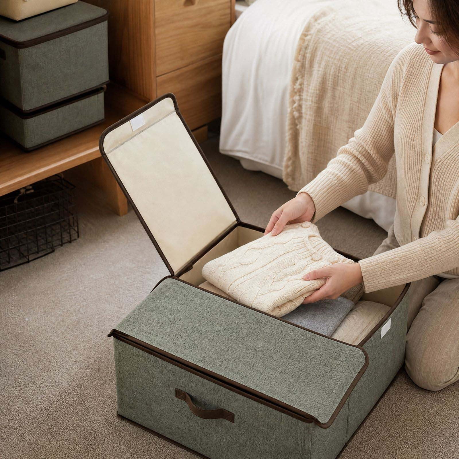 Foldable Storage Box Double Flip Lid Built In Handle for Clothing Linens Toys and Home Storage