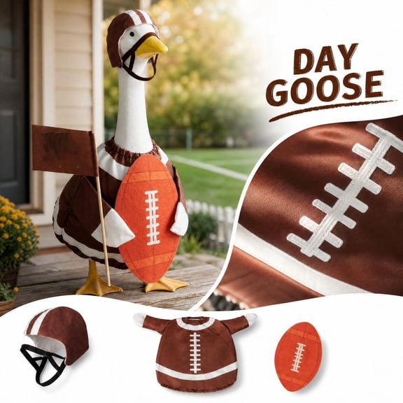 Football Porch Goose Outfit with Helmet and Ball, 23 Inch, Brown and White Jersey Set for Outdoor Lawn Yard Decoration