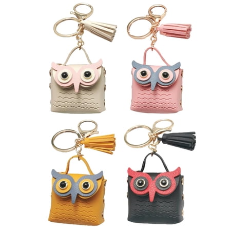 4 Pack Owl Shaped Keyrings Mini Bag Charm Keychains Leather Coin Purse with Tassel Couple Key Chain Pendant for Handbag Backpack Wallet Decor.