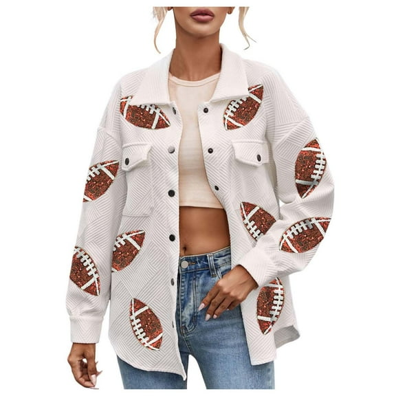 TTUHYWXI Women’s Football Corduroy Sequin Jacket Cropped Distresses Rugby Patched Shacket Coat (White, S)