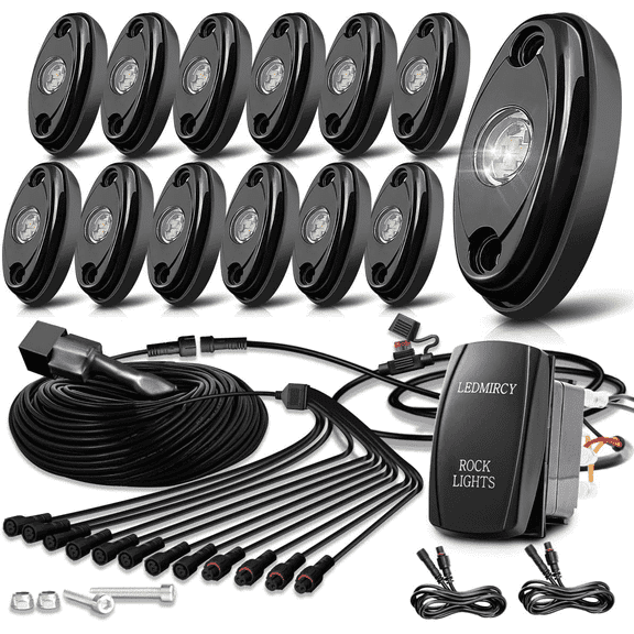 LEDMIRCY R1 Pure White LED Rock Light Kit, 12PCS, Rocker Switch Harness, Waterproof for Trucks, off road, Atv, Utv, Suv,Underglow
