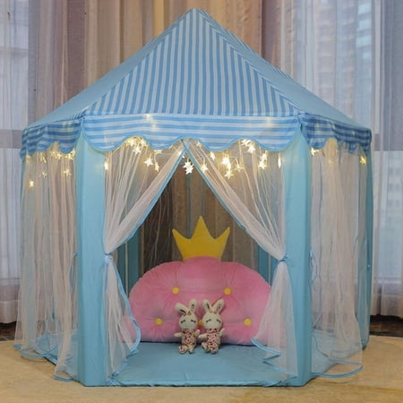 55   x 53   Girls Large Princess Castle Play Tent with Star Lights - Blue_3pc