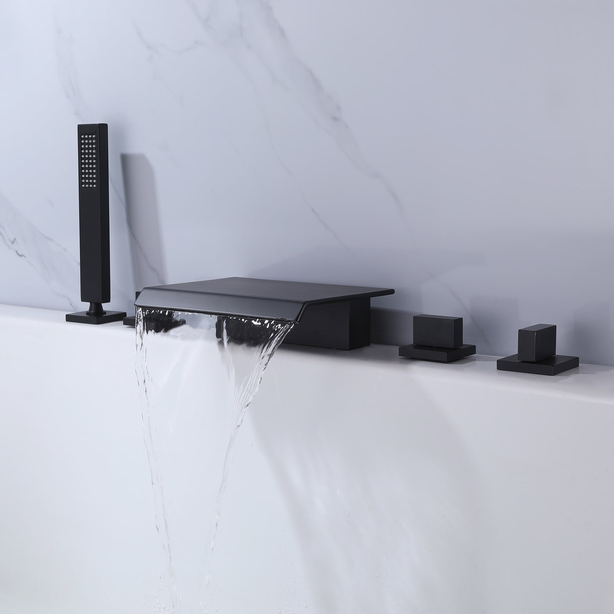 Triple Handles Deck Mounted Waterfall Bathtub Faucet, Five Holes Roman Tub Filler with Hand Shower
