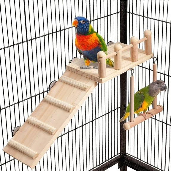 Bird Cage Swing & Climbing Ladder - Wooden Play Gym Platform for Parakeets & Small Birds