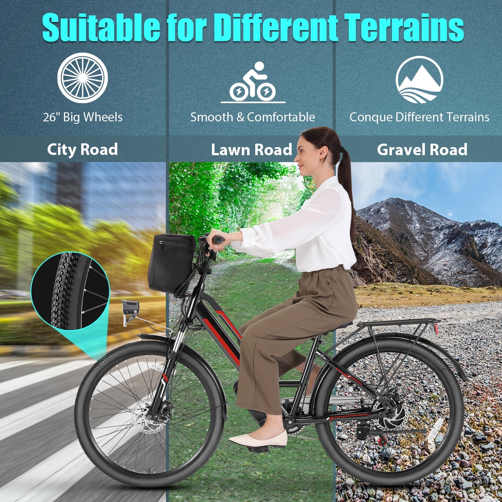 Elifine 500W Electric Bike for Adults, 26" Commuter Electric Bicycle 19.8mph City Ebike with 5 Riding Modes, 48V 7.8Ah Removable Battery UL 2849, LCD Intelligent Display Hybrid Electric Bike Red
