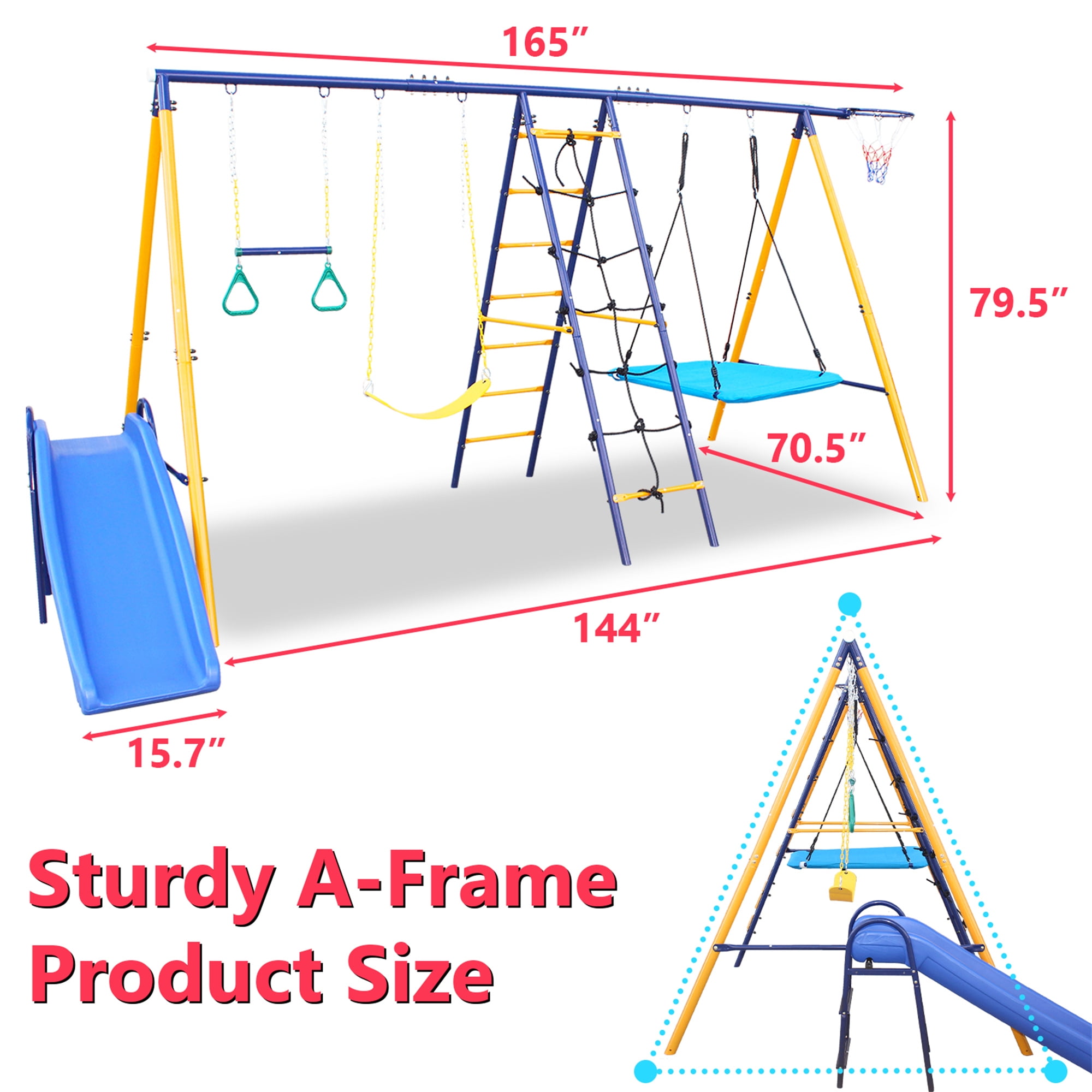 Aukfa 7 in 1 Kids Swing Set, Outdoor Heavy-Duty Metal Playset for Backyard with Slide, Climbing Net, Blue
