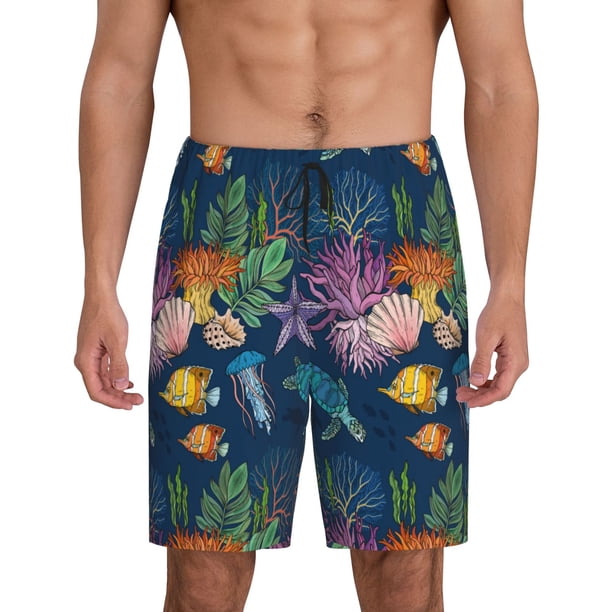 Balery Undersea Animals Pantalones cortos de pijama de punto de algodón para hombre con cinturilla y bolsillos-XX-Large