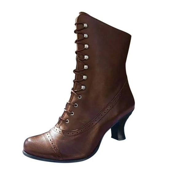 Juebong Boots on Clearance 2023 Women's Kitten Heels Lace Up Ankle Boots Low Mid Heeled Side Zipper Short Booties Pointed-toe Shoes