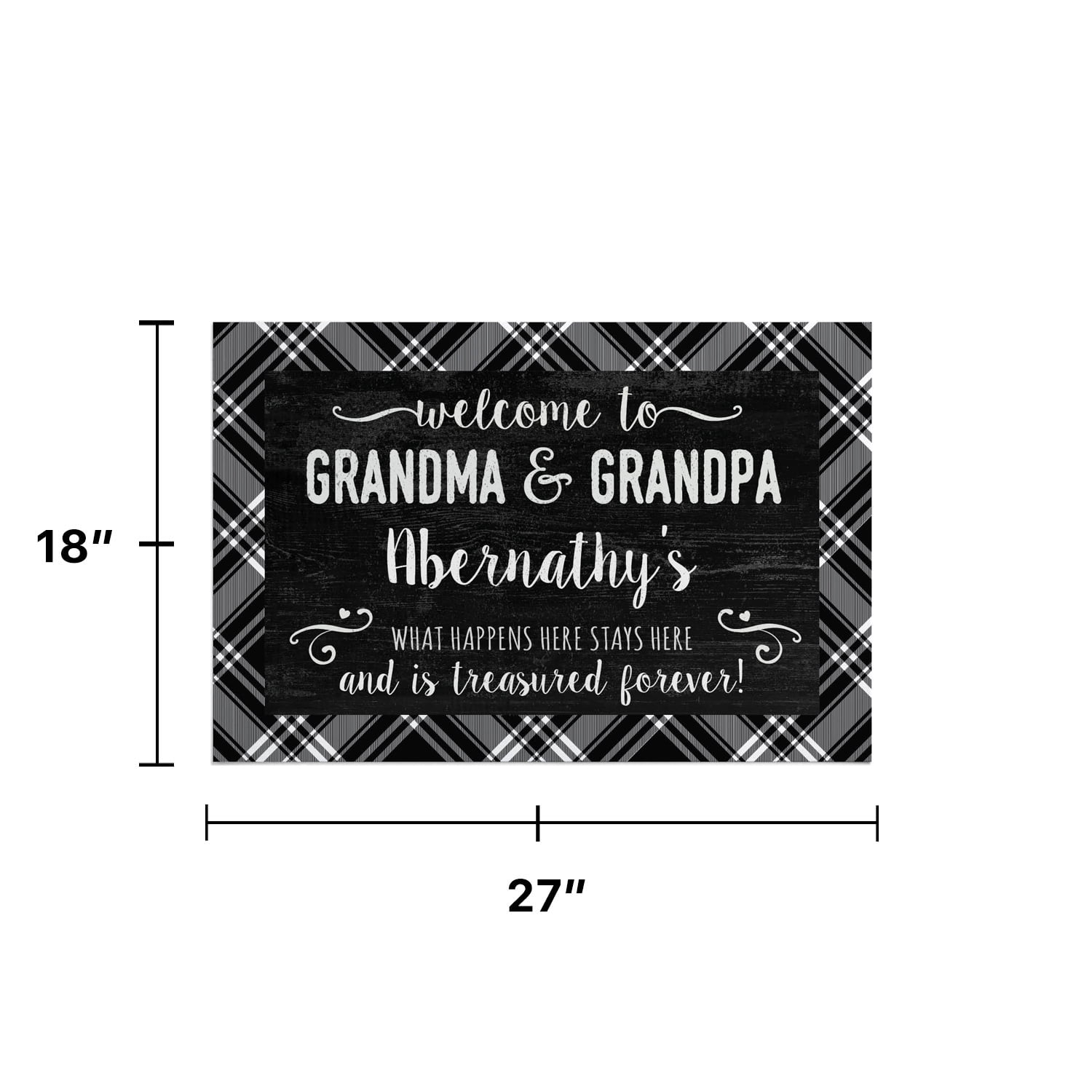 Personalized Planet 27x18 Treasured Forever Welcome to Grandma and Grandpa Doormat with Custom Family Name Printed on Black Rectangular 1/8” Thick Non Slip Mat for Kitchen Hallway Deck or Porch