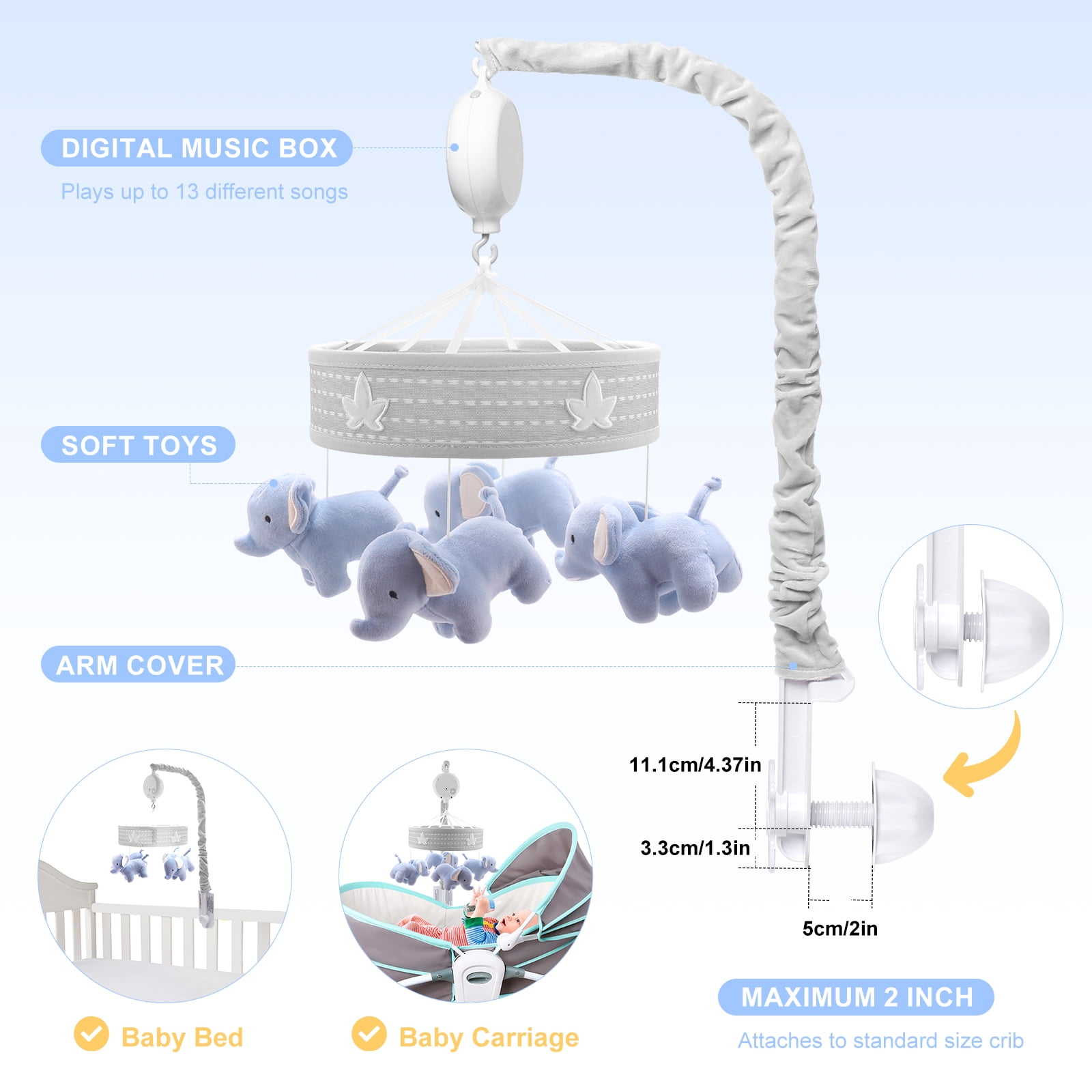 SUMWE Baby Mobile for Crib Nursery Musical Mobiles for Girls Toys for Baby Crib Carousel Mobile Boy Mobile for Pack and Play Elephant Parade Crib Decoration Clip on Mobile for Bassinet