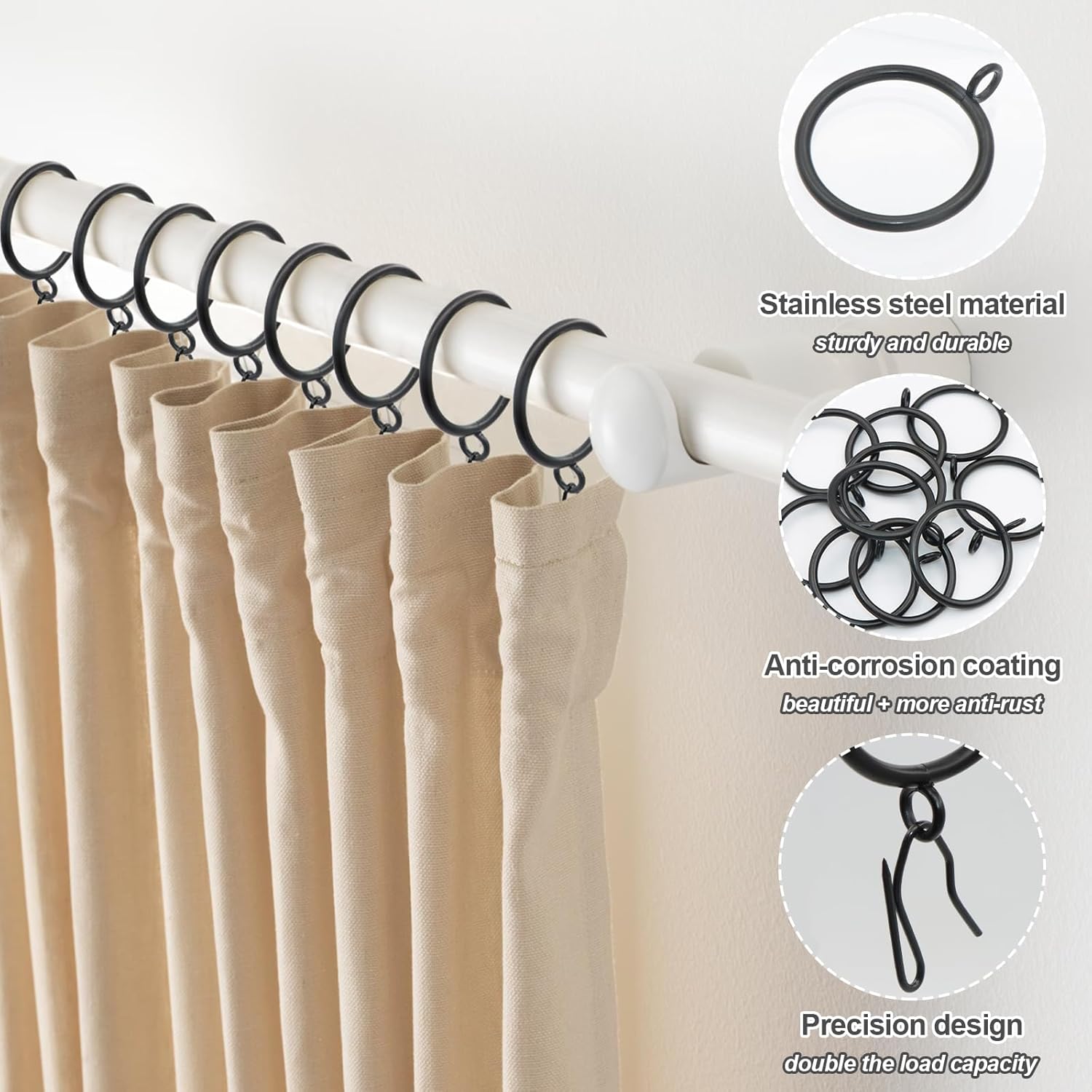 MKEUDQ-50 Pcs Curtain Rings and Hooks - Stainless Steel Shower Curtain Rings and Hooks with Eyelets for Curtains Rods and Bathroom Shower Rods, Black