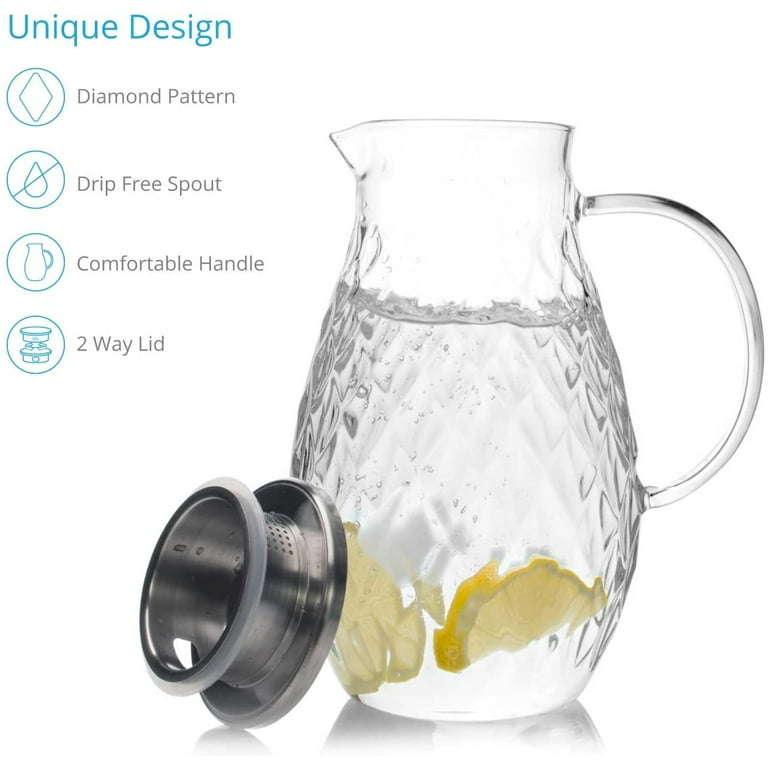 95 Ounce Large Glass Pitcher with Lid and Handle - Heat Resistant  Borosilicate Beverage Carafe for Juice and Iced Tea