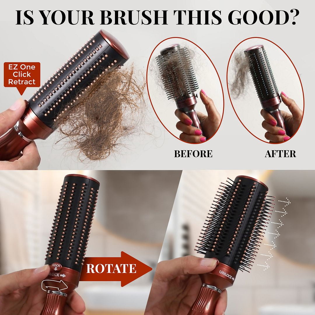 Self Cleaning Brushes for Women - Roller Retractable Detangler Round Brush for Blow Out Travel Brown Christmas Gifts for Womens