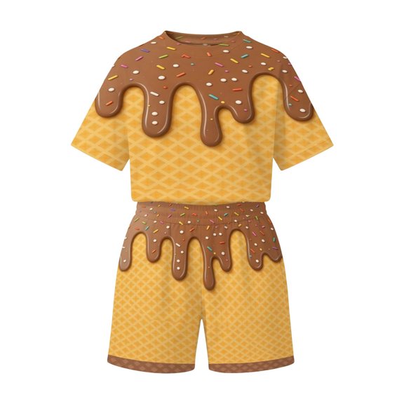 Bobifish Toddler Girls Summer Beach Outfit Sets Ice Cream Dripping Chocolate Print Short Sleeve Tee Shorts Children Girls Sets