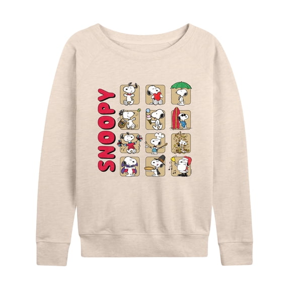 Peanuts - Snoopy Monthly Women's Lightweight French Terry Wide Neck Long Sleeve Graphic Shirt