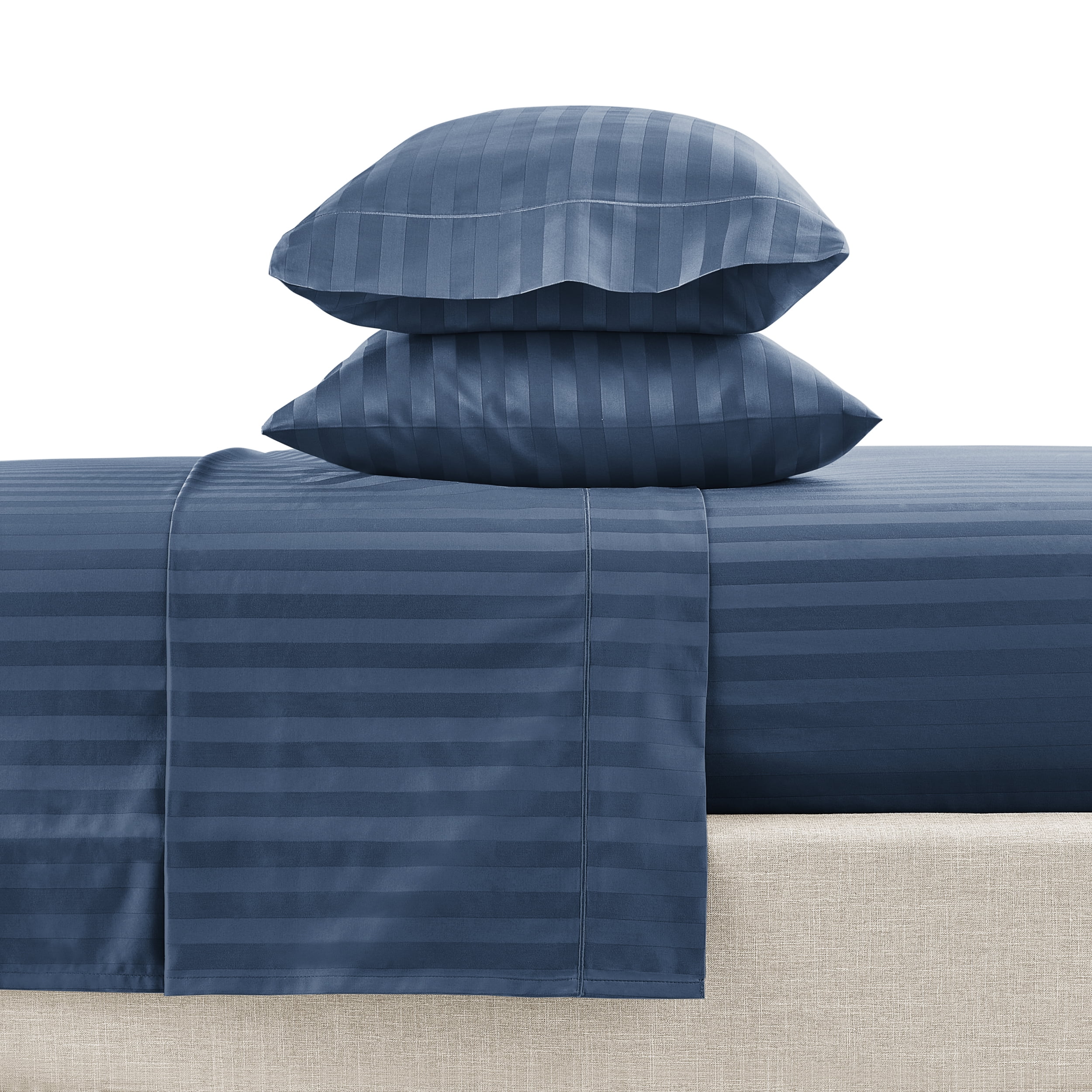 Hotel Style 4-Piece 600 Thread Count Navy Stripe Egyptian Cotton Adult Bed Sheets, Queen-Deep Pocket