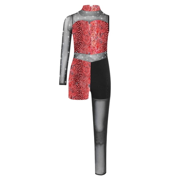 TTAO Kids Girls Printed Gymnastics Leotard Shiny Dance Unitard Asymmetrical Bodysuit Figure Skating Jumpsuit Red Snakeskin 14