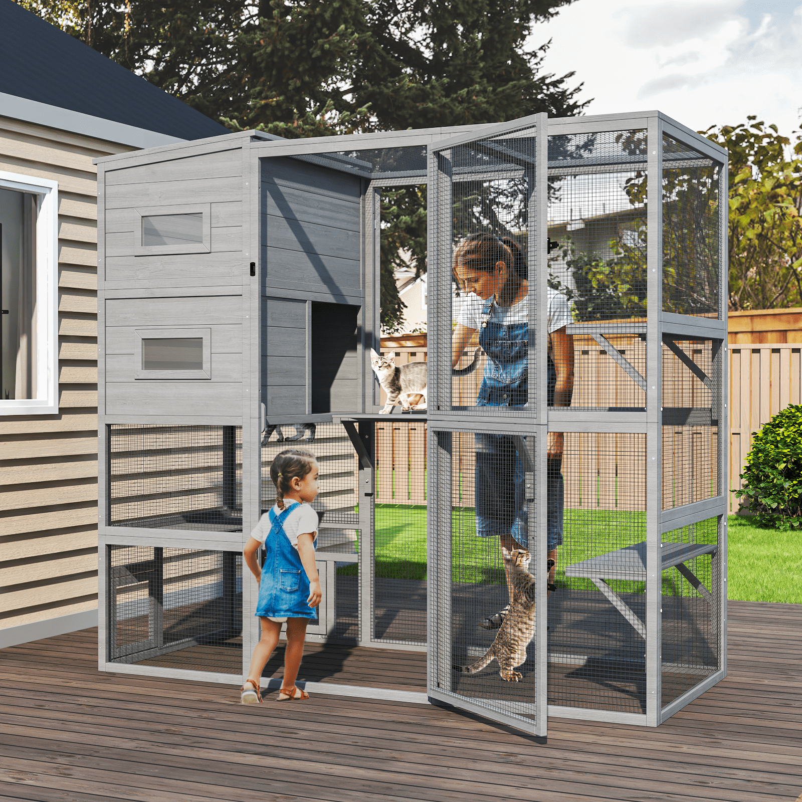TIMHAKA Large Cat Enclosure, 4 Tiers Catio w/ Weatherproof Roof, 3 Resting Rooms, 3 Platforms & 2 Large Doors for Outdoor Indoor Cats, 76”×33”×71”