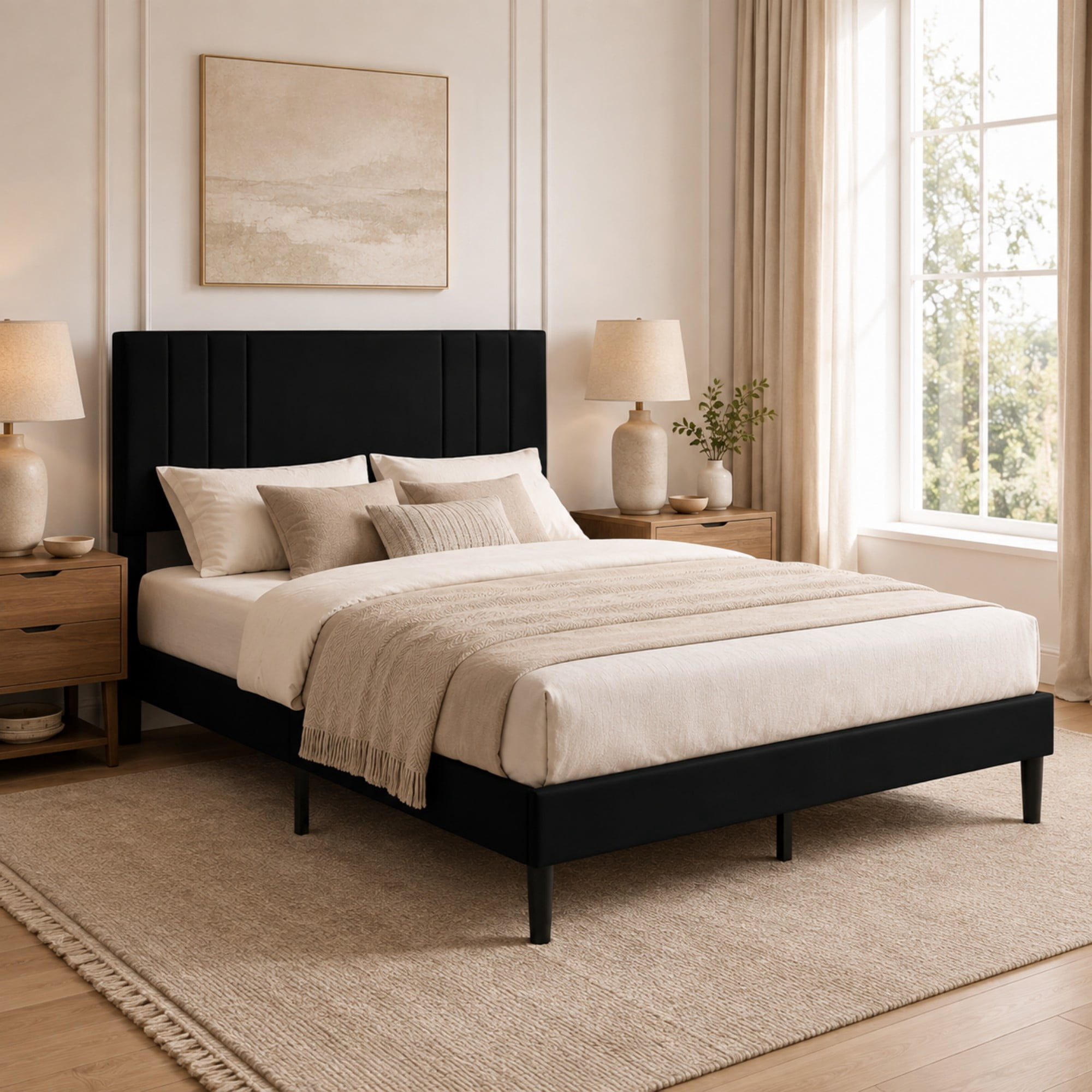 BSHTI Full Size Faux Leather Upholstered Platform Bed Frame with Adjustable Headboard, Wood Slats, No Box Spring Needed for Bedroom（Black）