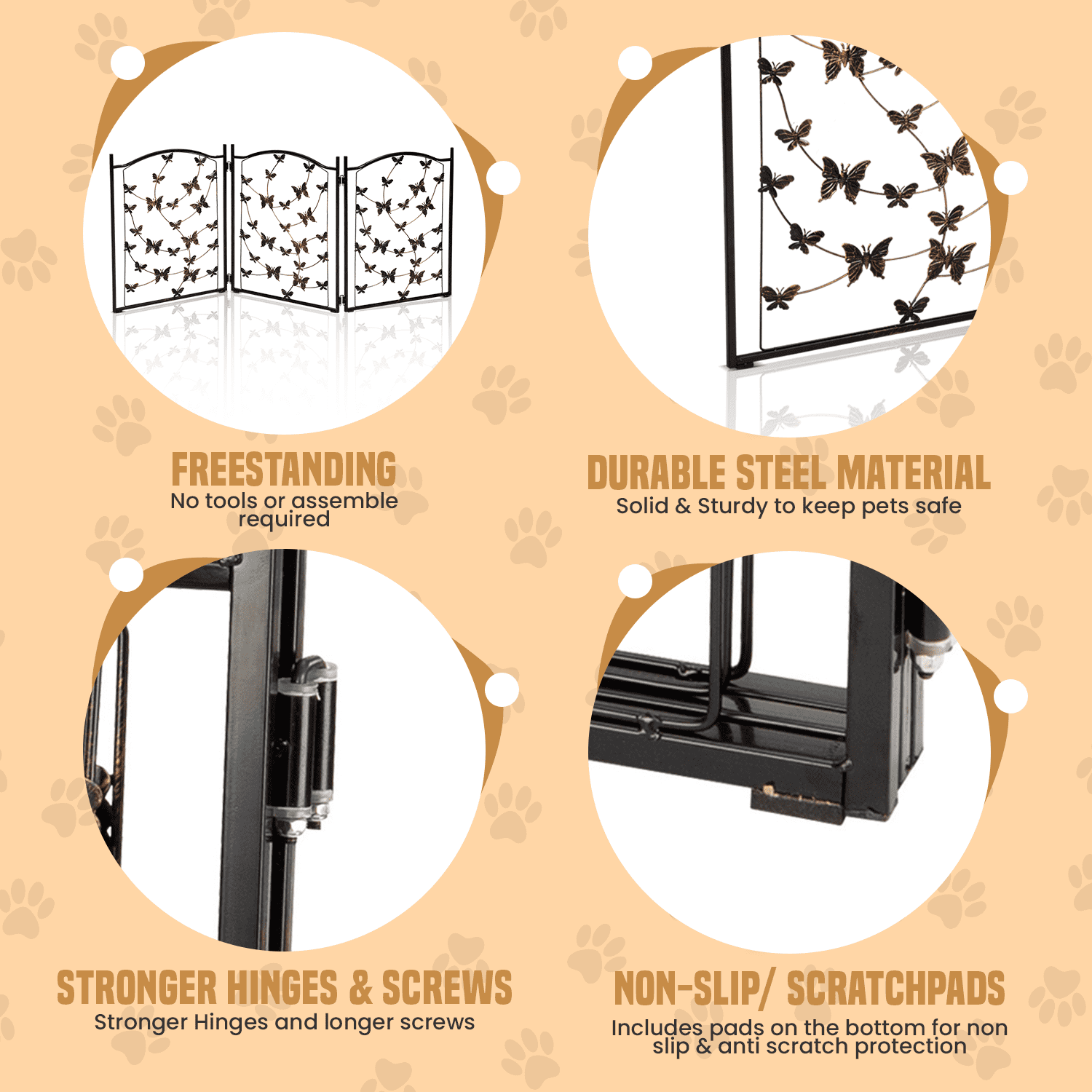 Bundaloo Freestanding Metal Folding Pet Gate, Medium, Foldable and Versatile, 24" Tall Expands Up to 45" - Black Bronze Rustic Butterfly Design