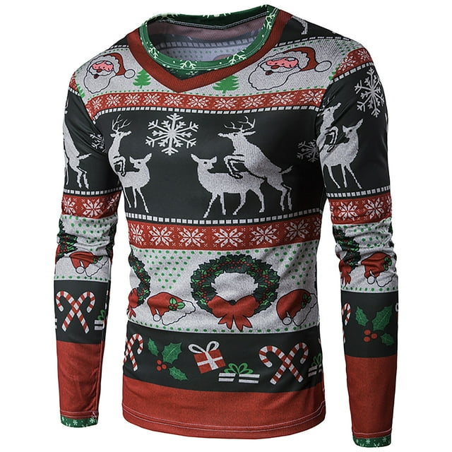 WREESH T-shirts de Noël Personnalisés à Lettres Imprimées Col Rond Faux Deux Manches Longues 3D pour Hommes