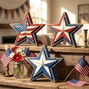 4th of July Tiered Tray Decor Wooden Star Set, 3 Pcs Memorial Day Table Decorations, Rustic Patriotic Tabletop Home Decor, Red White and Blue Decorations for Home