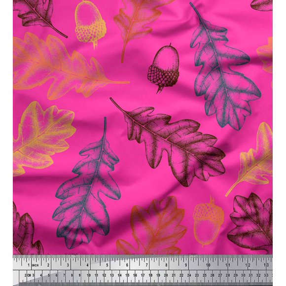 Soimoi Pink Rayon Fabric Oaknut & Oak Leaves Print Fabric by The Yard 42 Inch Wide