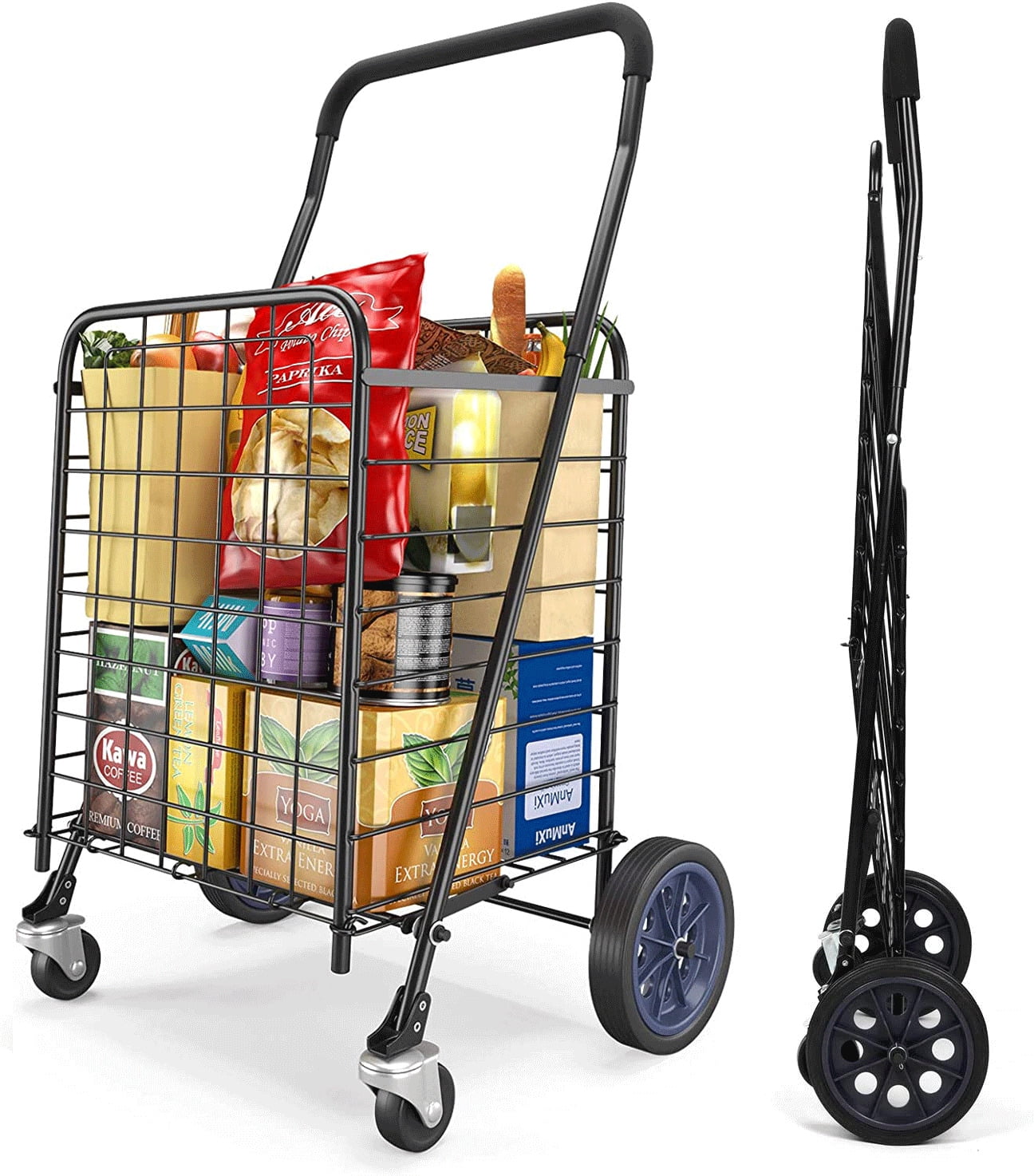 Folding Shopping Cart with Dual Swivel Wheels for Groceries, Holds up to 66Ibs