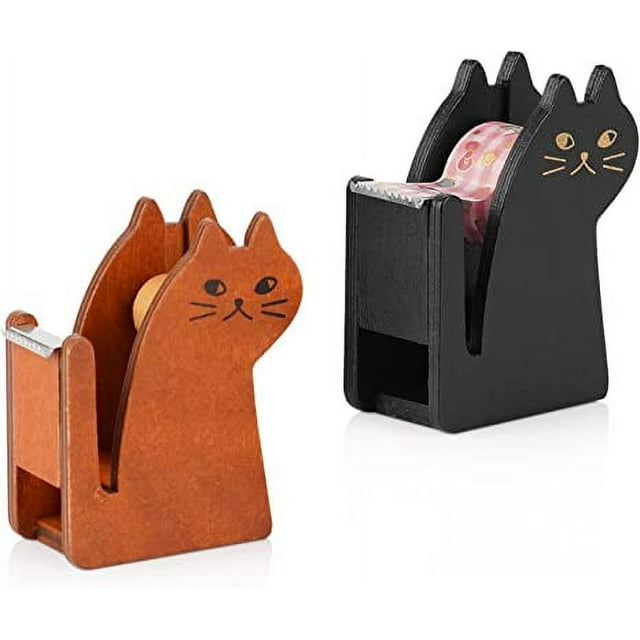 2Pack Tape Dispenser-Vintage Wooden Cat Shape Desktop Tape Cutter (Black & Brown)