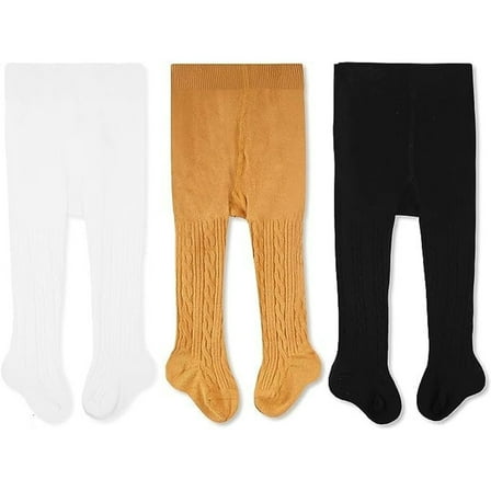 CozyWay Cotton Cable Knit Baby & Toddler Tights - Cozy Fit for Baby Girl & Toddler Boy - Design for Infant Boy & Little Girl - Ribbed Waist Fits - 6-12 Months, White/Black/Mustard, 3-Pack
