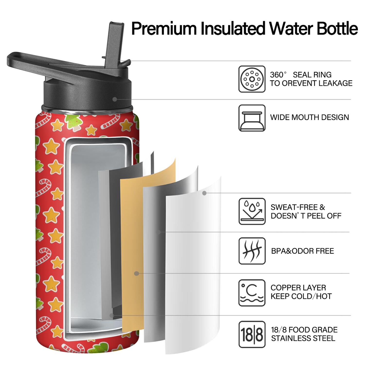 Christmas 18 oz Insulated Stainless Steel Water Bottle with Straw & Cleaning Brush , Leakproof, BPA-Free, 304 Stainless Steel, Wide Mouth, Travel Mug for Car, Gym, Office