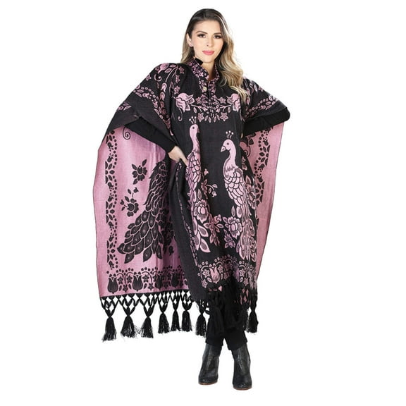 Artisanal Mexican Poncho 92% Acylic, 8% Polyester Black/Pink 603832