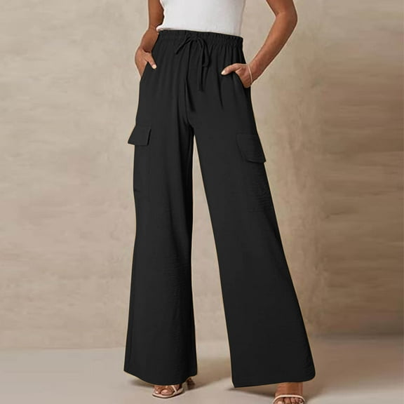 Qetyuw Women's Wide Leg Pants High Waist Drawstring Palazzo Pants with Big Pockets Stretch Loose Lightweight Flowy Beach Sleep Trousers