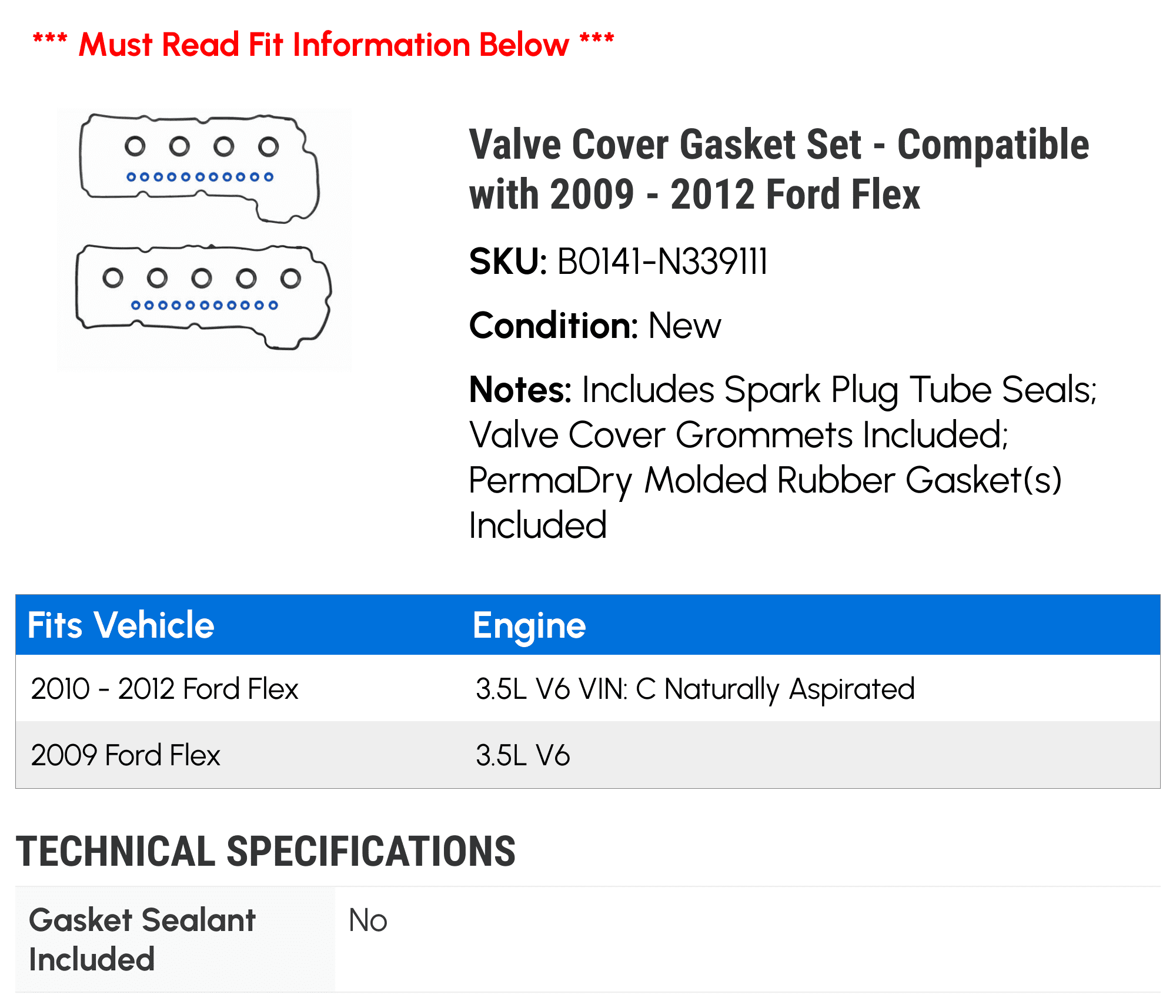 Valve Cover Gasket Set - Compatible with 2009 - 2012 Ford Flex 2010 2011
