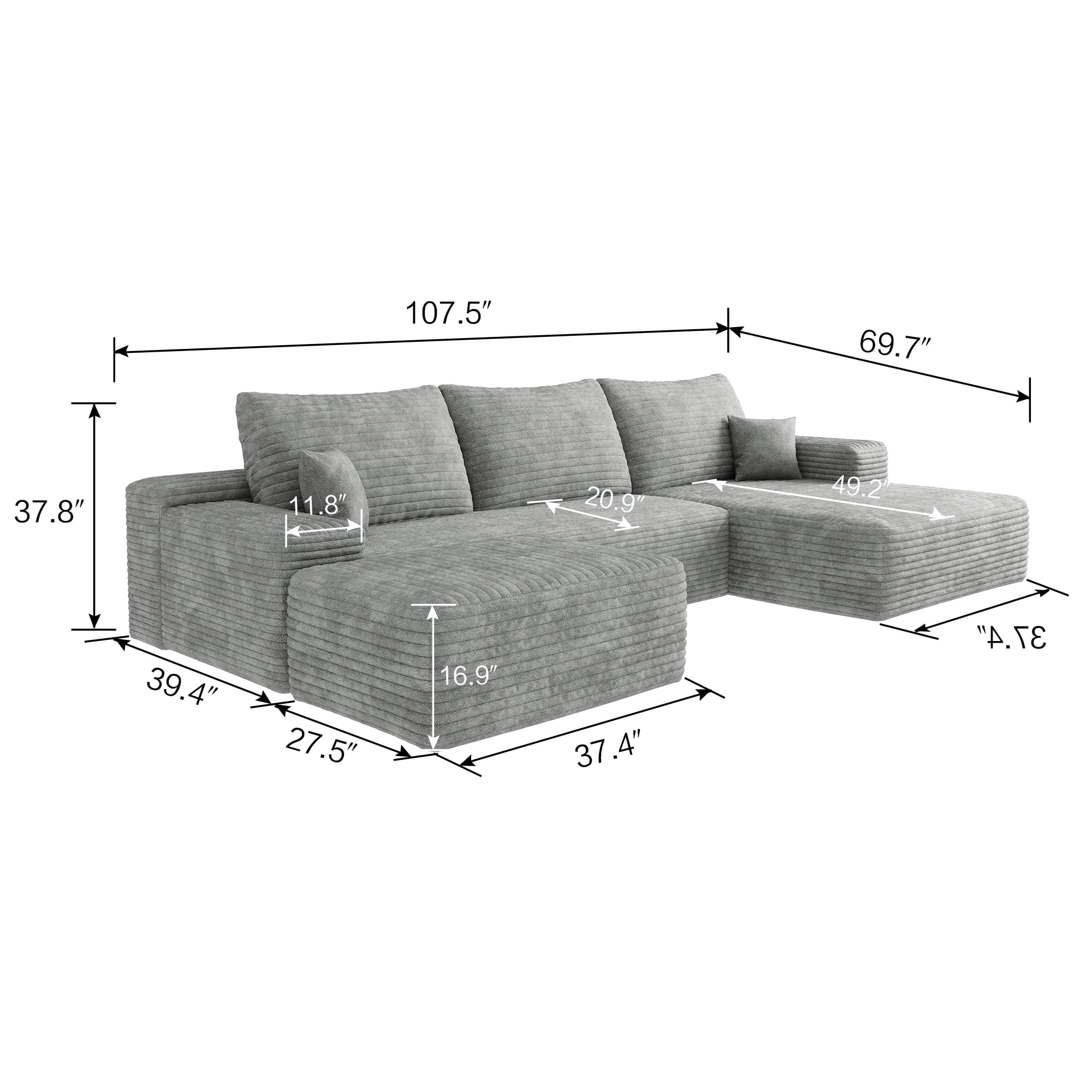 MAYEERTY 107" Gray Modern Modular Cloud Sectional No Assembly Spacious Comfort Room