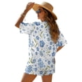 thumbnail image 2 of FKEKYI Blue Flower Print Womens Summer Shirt Set 2 Piece Sets Vacation Outfits Open Front Shirt Top & Shorts with Elastic Waist Beachwear Lounge Set, M, 2 of 7