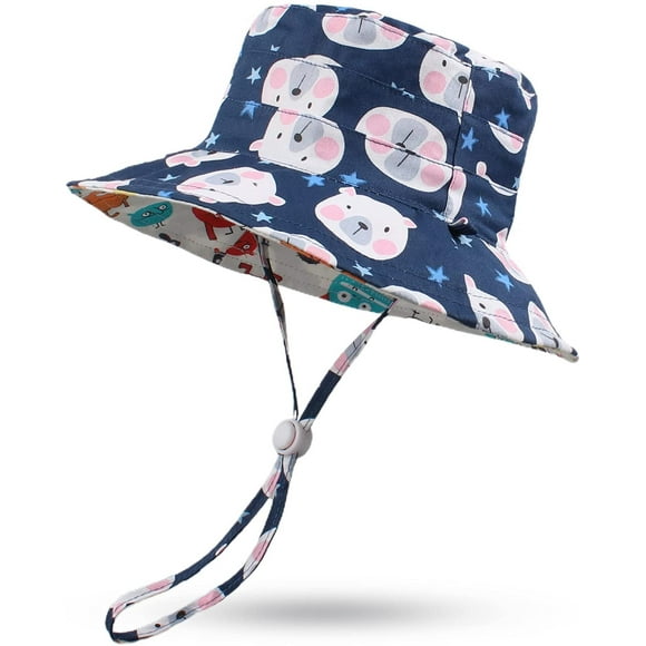 Summer Baby Toddler Bucket Hat Wide Brim Kids Sun Hat For Boys Girls Reversible Children Beach Caps (Navy Bear, 18.1"(3-6 Months))