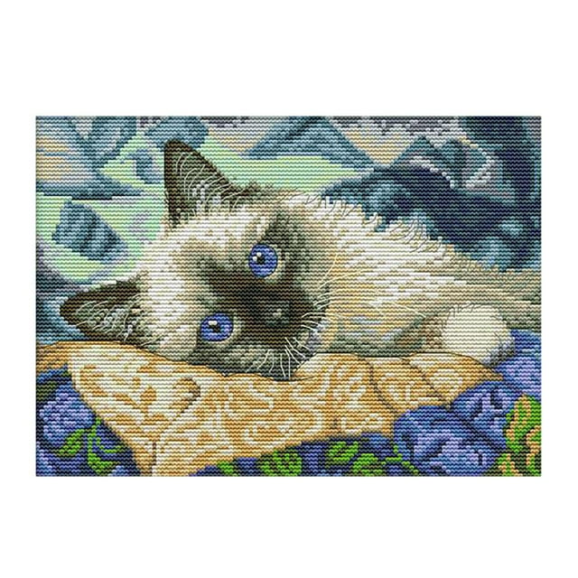veasfak Handmade Ribbon Embroidery Cat Painting Stamped Cross Stitch 30 cm 30 x 21cm