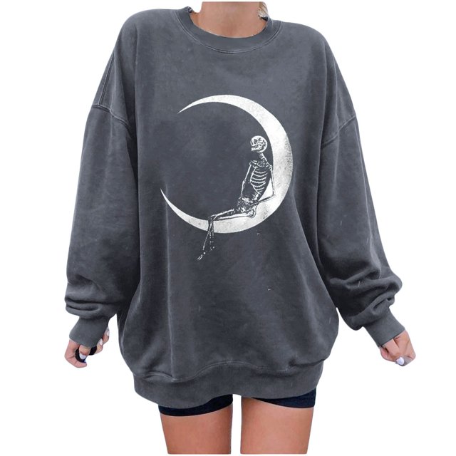 Sudadera extragrande de lana de manga larga con cuello redondo y estampado de calavera para mujer Fridja hkj414