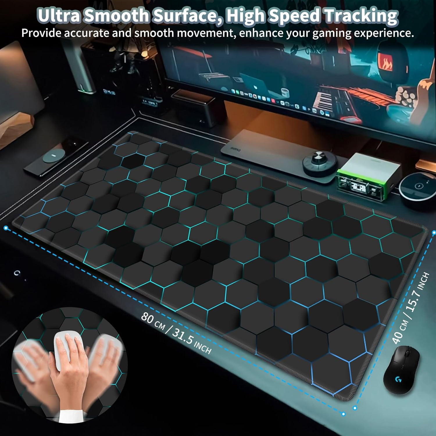 Gaming Mouse Pad, Keyboard Mouse Pad 31.5x15.7 inch XXL Large Computer Laptop Cool Desk Mat with Non-Slip Rubber Base and Stitched Edge for Home Office Work, Blue Honeycomb