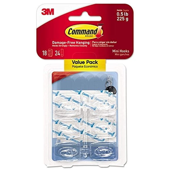 3M Command Adhesive Mini Hooks, Clear, 18 Pieces