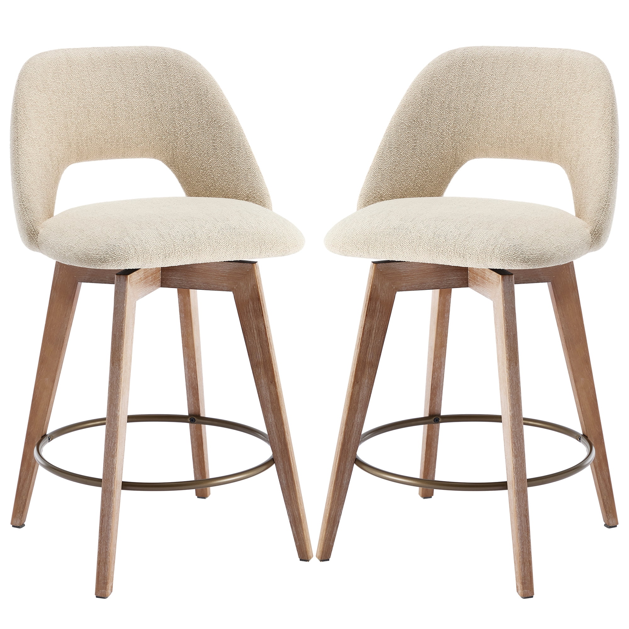 Zesthouse 26.8" Swivel Bar Stools Set of 2, Linen Upholstered Counter Height Stools with Open Back and Brushed Wooden Legs, Mid Century Barstools Kitchen Bar Chairs for 36"-39" Countertop, Beige