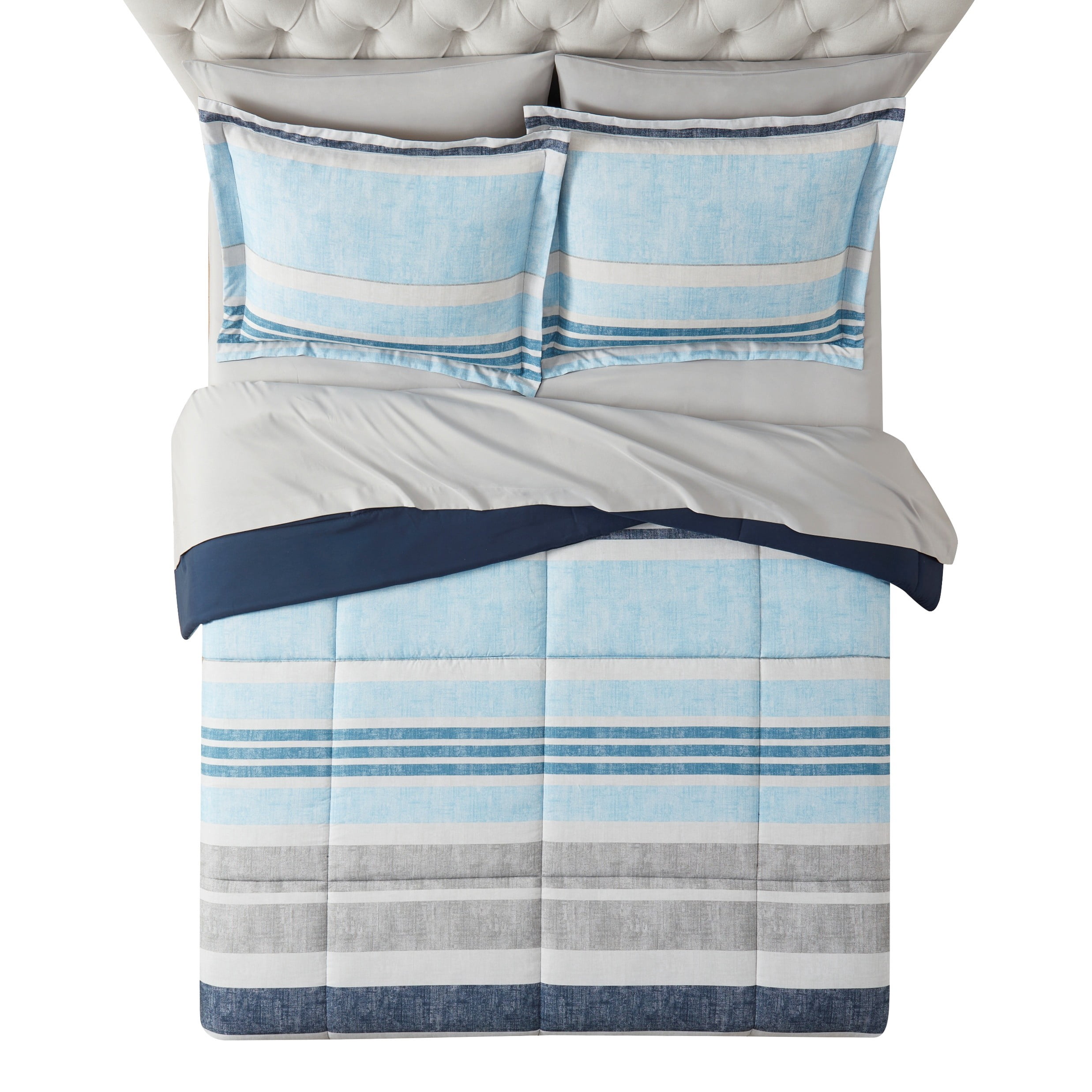 Mainstays All in One Reversible Comforter and Sheet set- 7 Piece, King, Blue Stripe