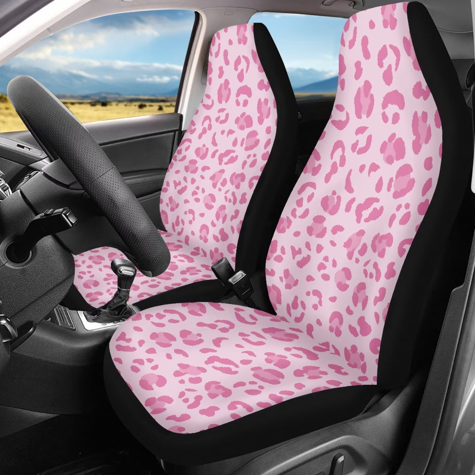 Uorisanigo Car Seat Covers Waterproof Auto Seat Covers Protector Removable Automotive Accessories Universal Front Car Seats Fit Most Cars Women Men, Pink Cheetah Leopard Print