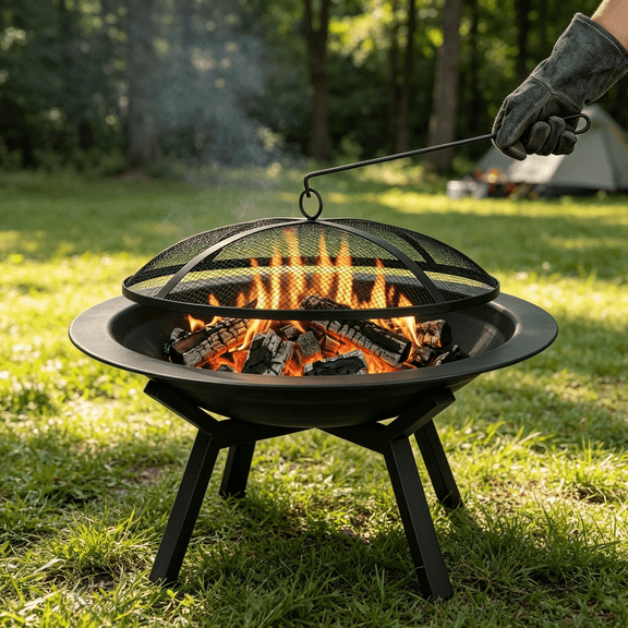 Outdoor Wood-Burning Fire Pit — Heavy-Duty Round Steel Fire Bowl with Durable Metal Exterior, Mesh Cover, and Hook; Ideal for Patios, Porches, Camping, BBQs, and Bonfires.
