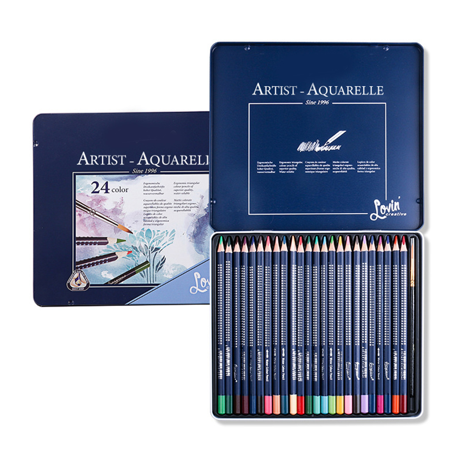 Watercolor Colouring Pencils Set with Metal Case For Kid Adults Artist Sketching Pre Sharpened Colored Pencil With Brush
