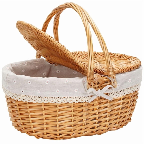 WM25 Wicker Picnic Basket with Lid,Wicker Basket with Handle and Liner, Handmade Shopping Bas