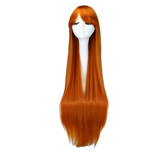 Peluca genérica para cosplay, naranja, larga y recta con flequillo, 100 cm