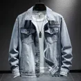 thumbnail image 2 of Chaqueta vaquera azul con botón bordado para hombre, chaqueta vaquera con letras para hombre, ropa vaquera de tela, moda elástica de bajo coste, lujo, 2 of 5