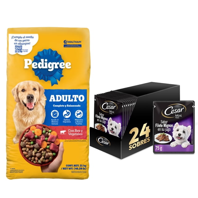 Pedigree Adulto 21 kg + Caja Cesar Adulto Sobre Filete Mignon 75 gr (24 Pzas)